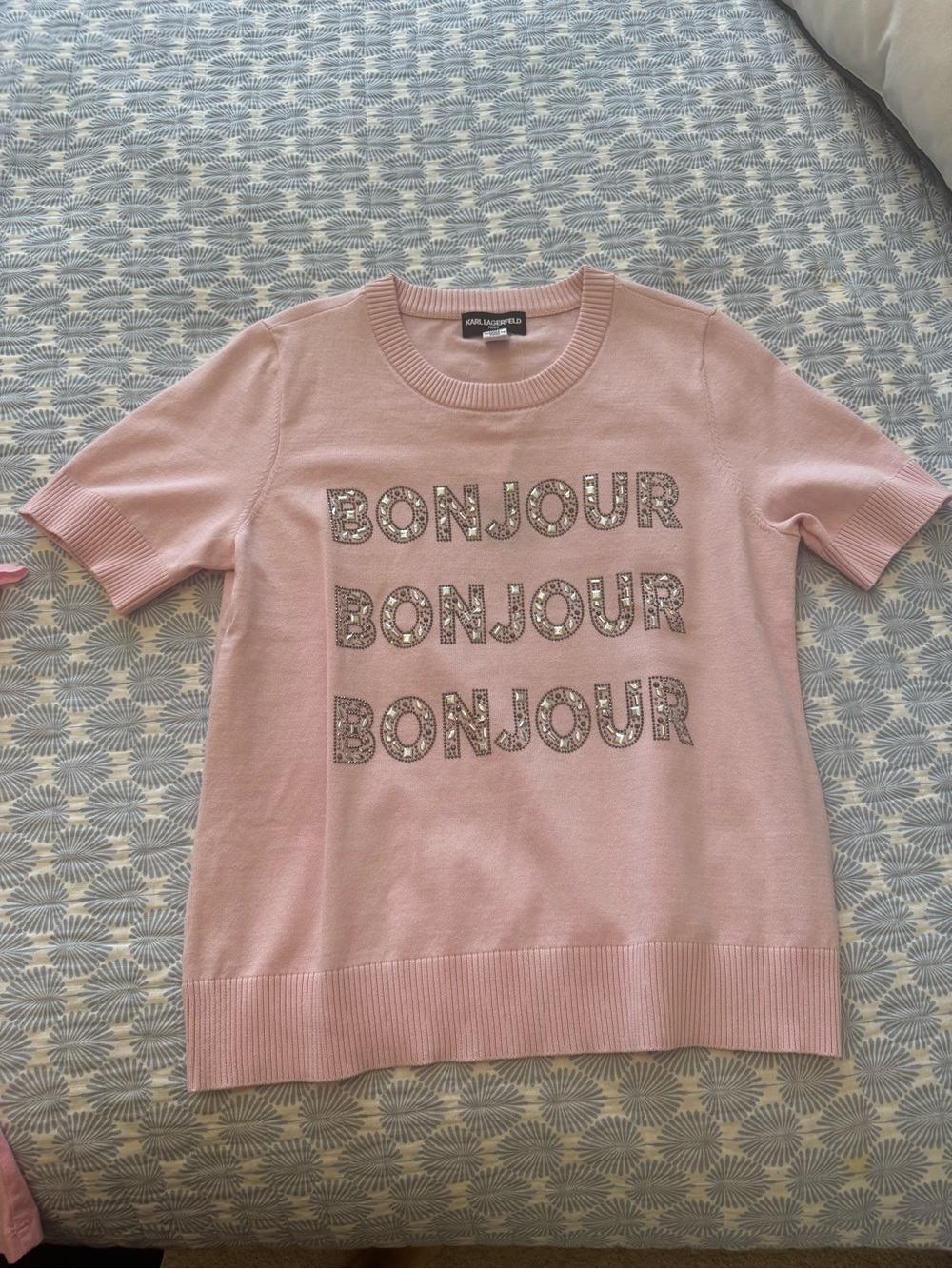 Karl Lagerfeld Pink 'Bonjour' Knit Crewneck Sweater
